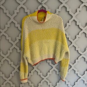 Free People Yellow and Cream Cowl Neck Sweater